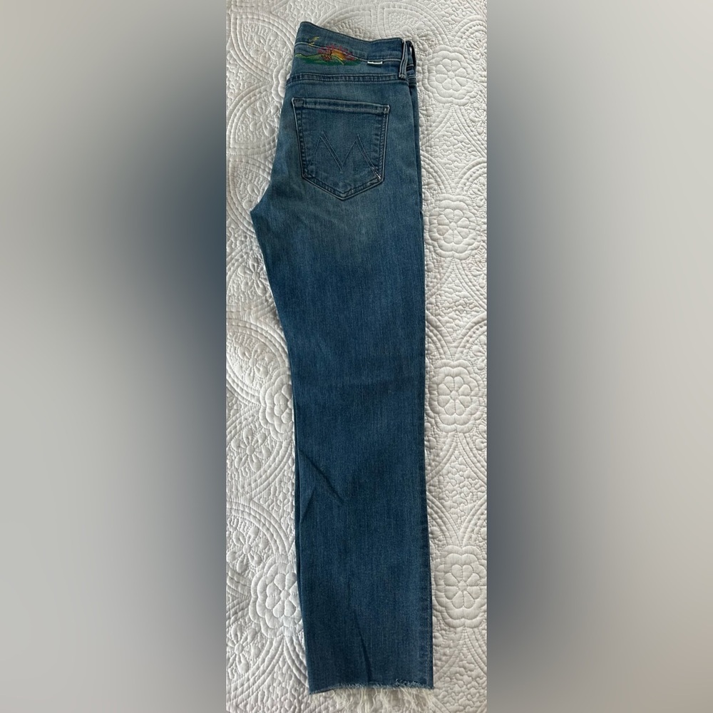 MOTHER Mid Rise Dazzler Ankle Jeans - Medium Blue with Multicolor Embroidery